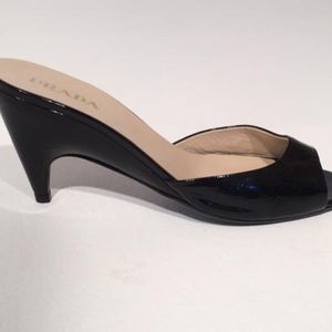 Prada Black Patent Open Toe Slides Heels